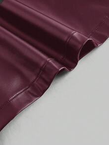 SHEIN MOD Women's Casual Long Sleeve PU Leather Patchwork Mini Dress, Autumn Christmas Party Dress Collared Dress Wine Dress Elegant Dress,Autumn/Winter,Halloween Clothes, Christmas Women's Clothing ,New Year Women's Clothes,Thanksgiving, - Burgundy - View 5