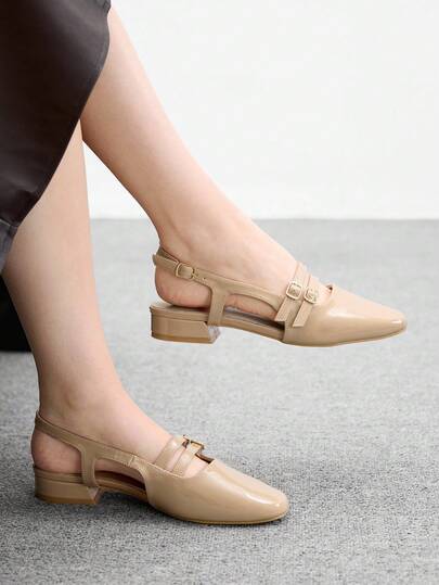 CUCCOO BIZCHIC Women's Fashion Charming Flat Sandals, Khaki, Mirror PU Material, Square Toe, Commuting, Comfortable, Indoor, Office, Street, Party, Travel, Vacation, Spring/Summer, Suitable For Dresses, Jeans, Shorts