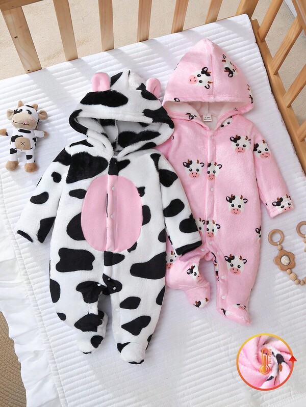 2 Peças Conjunto de Calça com Pé e Chapéu de Manga Longa para Recém-Nascido, Macacão Fofo de Tecido Peludo com Estampa de Vaca