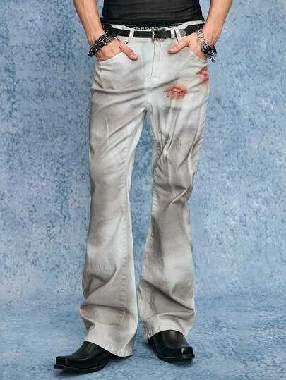 Grunge Punk Jeans con estampado retro de labios y teñido anudado para hombres