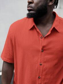 EASEVO Plus Size Woven Casual Short Sleeve Shirt - Rust Brown - View 3
