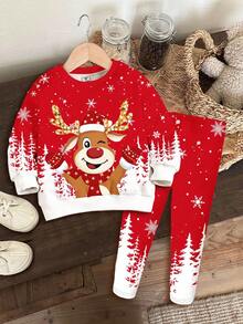 SHEIN Conjunto de 2 peças de moletom e leggings com estampa de rena e floco de neve em gradiente, estampa de árvore de Natal, gola redonda, manga comprida, casual para meninas, adequado para uso diário de outono/inverno, festa de Natal, estilo de rua, casa - Multicolorido - Ver 2