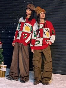 AXEPEAK Men's Casual Snowman Pattern Round Neck Drop Shoulder Long Sleeve Sweater, Autumn/Winter,Christmas