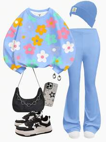 SHEIN Leap Crew 柔和蓝色，可爱甜美的多巴胺花朵图案，少女休闲宽松圆领卫衣和喇叭裤套装，适合秋冬季节，秋季穿搭，轻松舒适，适合儿童秋季叠穿，时尚童装，休闲服饰，儿童图案服装，返校季，秋季服装 - 白色 - 查看 3