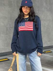 SHEIN EZwear 女士新款畅销秋冬圆领毛衣国旗提花，适合日常穿着 - 藏蓝色 - 查看 4