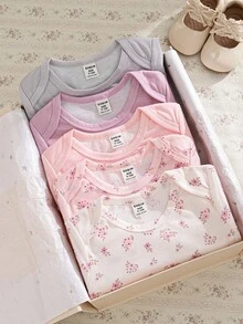 SHEIN 5 件套女婴秋冬碎花舒适可爱连体衣，百搭百搭风格 - 彩色 - 查看 1