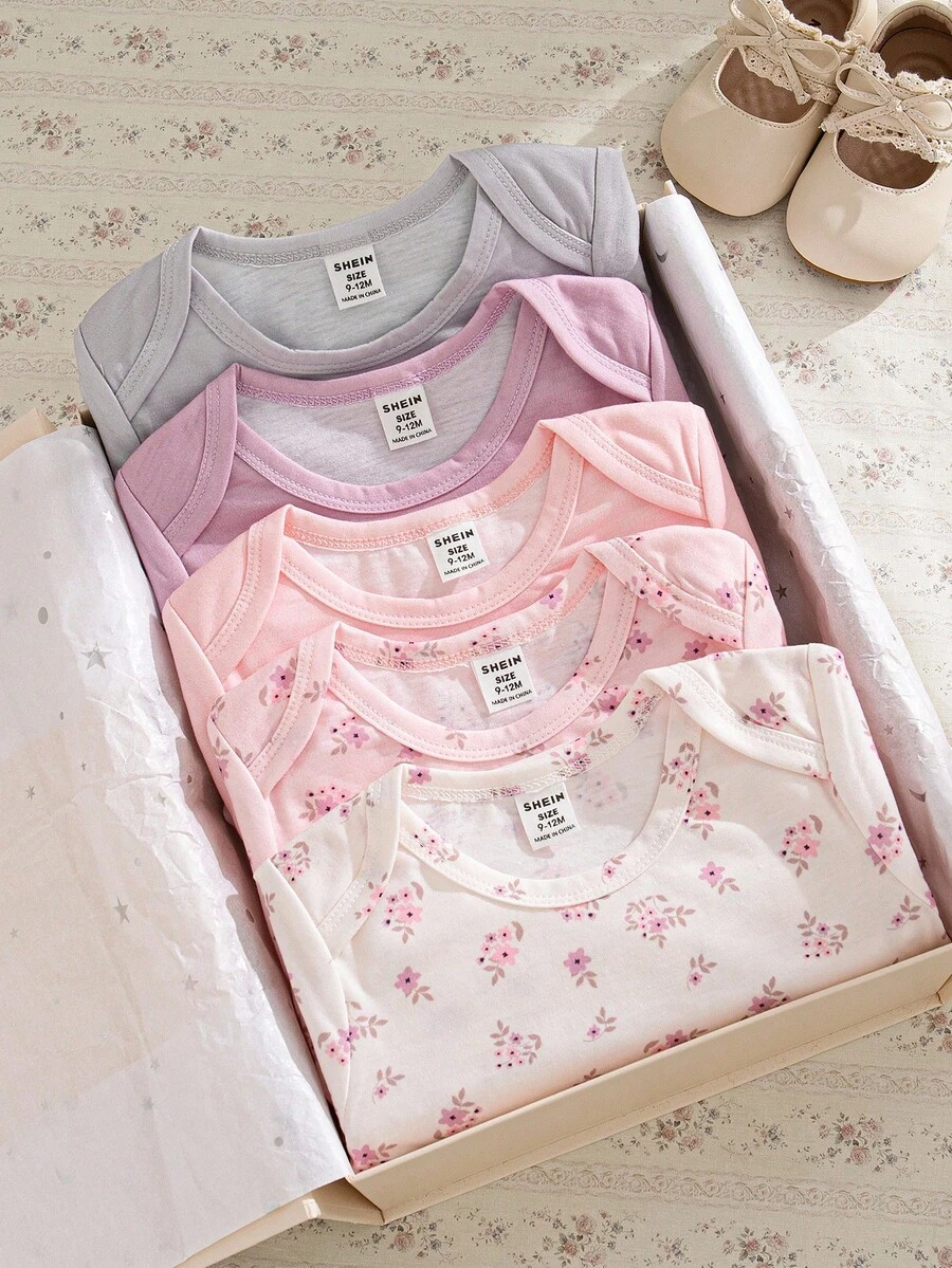 SHEIN 5 件套女婴秋冬碎花舒适可爱连体衣,百搭百搭风格 - 彩色 - 查看 1