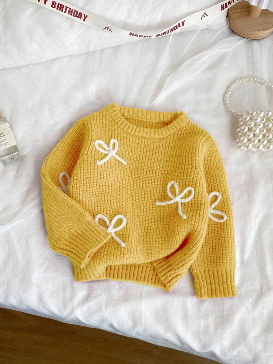 SHEIN Vintaside Kids 時尚百搭可愛蝴蝶結針織套頭毛衣,適合幼女,附蝴蝶結,秋冬款,白色 - 黃色 - 查看 1