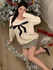 DAZY Autumn White Cute Graphic Date Bow Jacquard Color Block Off Shoulder Pullover Knit Sweater,Loose Casual Fashionable Collegiate Style For Christmas - Beige - View 7
