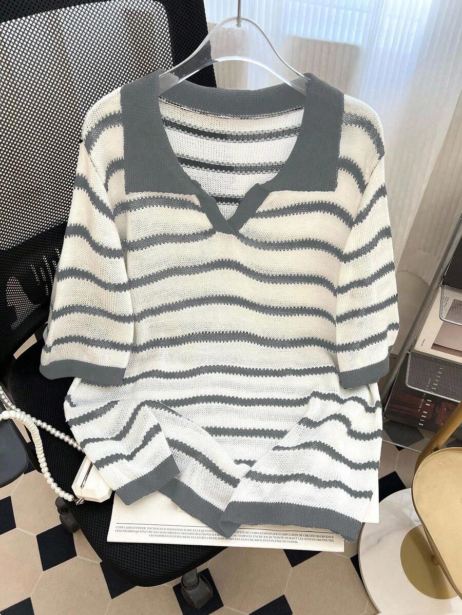 GlowEve CURVE 大码女式条纹 Polo 领短袖宽松休闲针织上衣，秋季 - 灰色 - 查看 1
