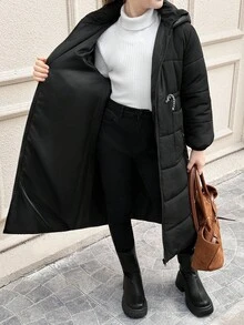 SHEIN 青少年女孩简约舒适百搭宽松纯色高领口袋抽绳腰部可调节连帽绗缝长款棉衣 - 黑色 - 查看 10