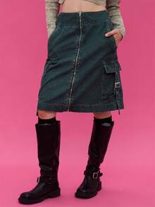 COUREZ Zip Front Indigo Rinse Low Waist Midi Denim Cargo Skirt /Y2K Going Out Outfits Fall Women Clothes Fall Clothes Holiday Cute Winter Clothes For Women