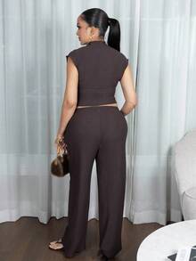 Melissa Matos 2pcs Women Summer Solid Color Stand Collar Pleated Blouse And Pants Set, Casual Women S Clothes Workout Clothes Women Women Summer Clothing Woman S Summer Clothes Casual Sets For Women Brown Two Piece Set Women Two Piece Pants Set Women Casual Two Piece Set Comfortable Two Piece Set Brown Pants Set Women Brown Jumpsuit Pants Two Piece Set - Brown - View 2
