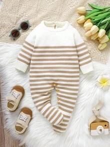 SHEIN 1pc Newborn Striped Crew Neck Long Sleeve Romper, Casual & Minimalist Design