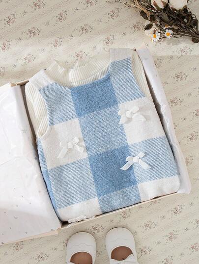 Souflis Souflis 2-Piece Set: Elegant Blue Plaid Pinafore Dress & Classic Turtleneck Long Sleeve Top, Suitable For School, Outings, And Playtime, Fall/Winter 2025 New Arrival, Girls White And Blue Baby Dress Checked Baby Clothes Baby Girl Plaid Dress