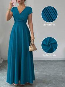 Elenzga Vestido largo elegante y romántico con cuello en V, manga corta, cintura plisada y línea A para mujer de talla grande. Adecuado para banquetes, fiestas, invitados de boda, atuendo de hermandad, con un suave brillo satinado.