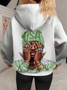 SHEIN EZwear Sudadera con capucha blanca de corte holgado con estampado de figura en verde y negro, de estilo minimalista y casual, para otoño/invierno