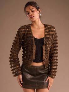 Glamine Women's Autumn Knitted Embroidered Lightweight Jacket - Brown - View 4