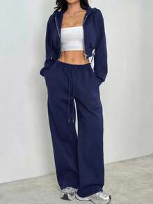 SHEIN PETITE Conjunto de dos piezas de sudadera con capucha y pantalón de chándal gris sólido casual para mujer