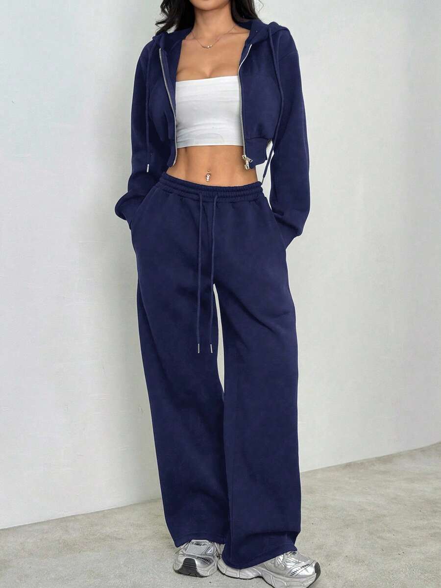 SHEIN PETITE Conjunto de dos piezas de sudadera con capucha y pantalón de chándal gris sólido casual para mujer