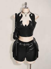 SHEIN ICON Plus Size PU Flame Print Top, Carnival Costume, Party Wear, Halloween Outfit