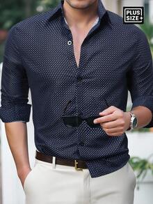 Manfinity Homme Áo sơ mi nam tay dài, in họa tiết toàn thân, đơn hàng khuy, thường ngày đi làm cỡ lớn - Màu xanh hải quân - Xem 1