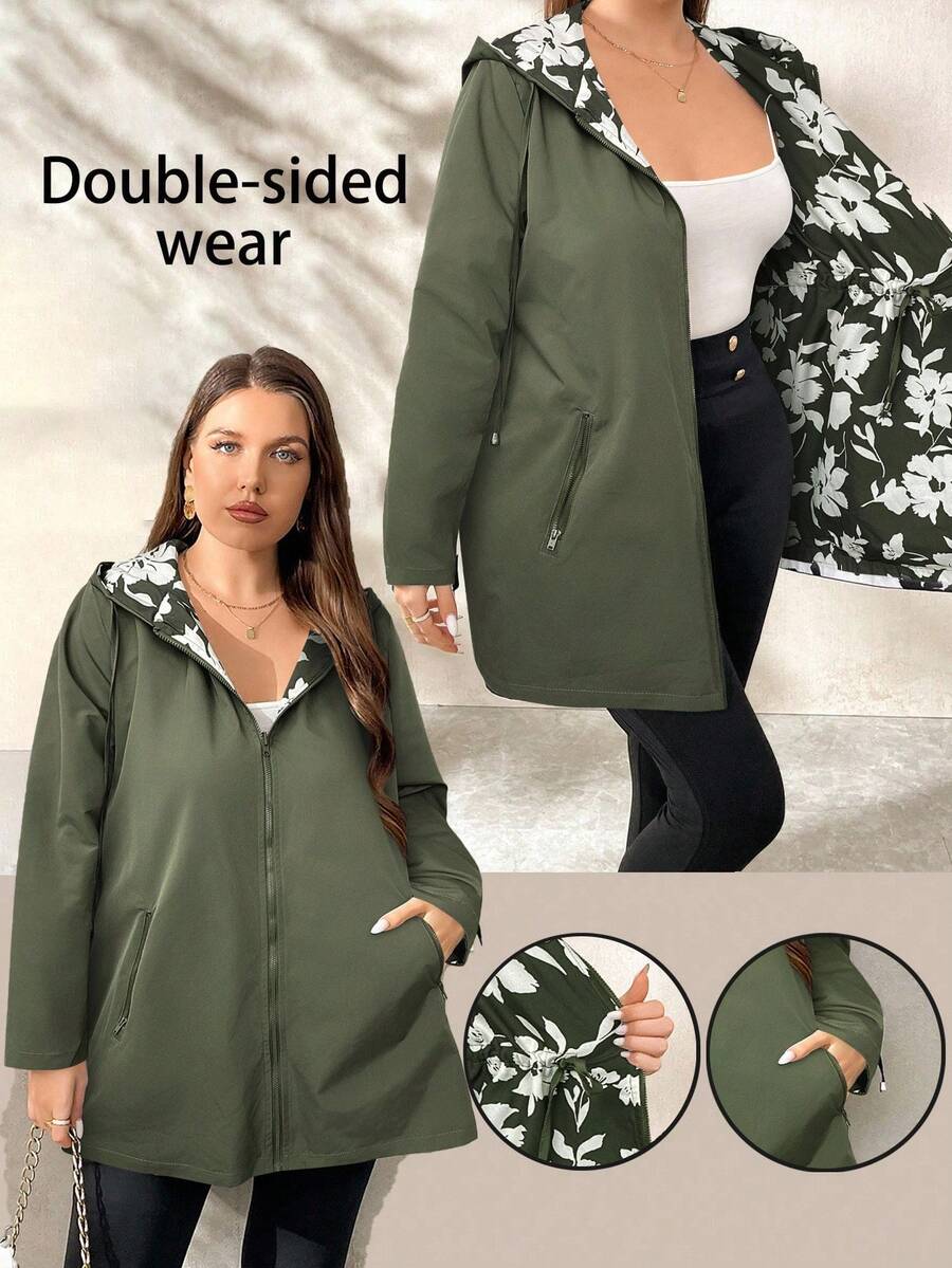 SHEIN Clasi معطف قابل للعكس مقاس كبير، مطبوع على أحد الجوانب وبلون واحد على الجانب الآخر، مناسب للخريف/الشتاء