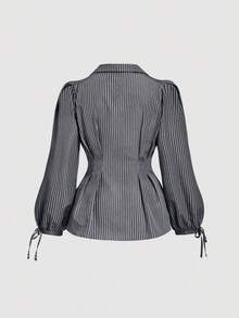 SHEIN MOD 加大码女式优雅条纹长袖衬衫，修身腰部泡泡袖衬衫，适合工作和休闲穿着，修身廓形 - 黑與白 - 查看 3