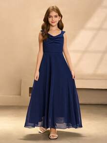 Girls' V-Neck Sleeveless High Waist Long Chiffon Ethereal Formal Dress, Navy Blue, Suitable For Graduation, Prom, And Other Formal Occasions - Blue - View 1