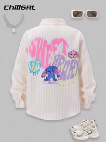 SHEIN Tween Girls ME Loose Casual Sweet Cute Back Graphic Striped Long Sleeve Shirt, Suitable For Daily, Commute, Casual, Hangout With Friends Fall Winter