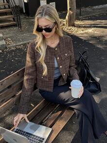 Elyressa Women's Elegant Cropped Tweed Jacket For Commuting - Coffee Brown - View 5