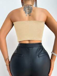 VaVaBold Women Solid Color Asymmetric Hem Bandeau Sexy Top - Apricot - View 2