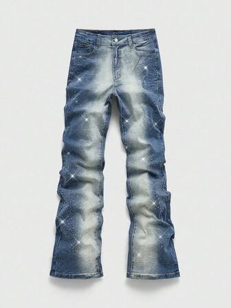 Street Life Jeans évasés mode décontractée de style américain pour hommes, avec strass et lavage
