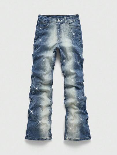 Street Life Jeans évasés mode décontractée de style américain pour hommes, avec strass et lavage