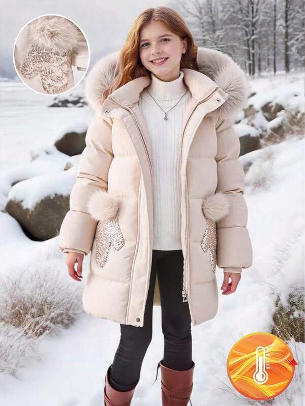 SHEIN 1 pièce Manteau matelassé à capuche mi-long avec col en fourrure, poches et décoration de sequins, fermeture à glissière, vêtement d'extérieur stylé pour l'hiver