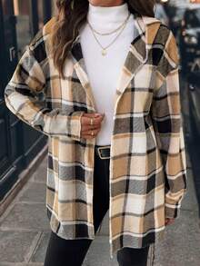 SHEIN Clasi Women's Elegant Plaid Print Flannel Hooded Long Sleeve Jacket Autumn Winter Clothes For Women