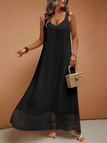 EMERY ROSE Plus Size Women's Vacation Lace Trim Solid Color French Style Dress - Black - View 4