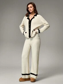 Qadelle Autumn/Winter Color Block Casual Knit Cardigan And Wide Leg Pants Set - Apricot - View 5