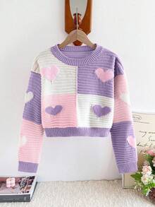 SHEIN Pull court à col rond, motif cœur contrasté rose et blanc, mignon et ludique, pour l'automne/l'hiver. Épaisseur régulière, polyvalent pour le port casual quotidien, convient pour les sorties, l'école, les fêtes et plus encore. - Multicolore - Voir 4