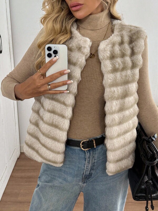 SHEIN LUNE جاكيت صدرية بدون أكمام من الفرو الاصطناعي، بتصميم كاجوال فضفاض أنيق على طراز الفينتاج للنساء