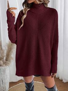 Louniche Women's Casual Solid Color Turtleneck Batwing Long Sleeve Loose Sweater, Autumn/Winter - Burgundy - View 6