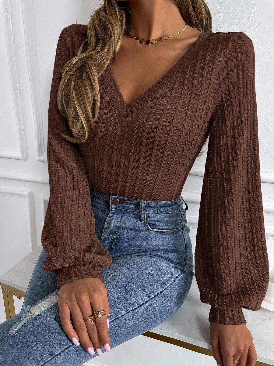 Almamuse Áo thun nữ tay dài cổ chữ V họa tiết ôm sát thời trang - màu nâu - Xem 1