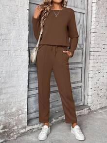SHEIN PETITE 2 件套女式长袖运动衫和裤子套装，套头衫和松紧腰裤，带抽绳 - 棕色 - 查看 4