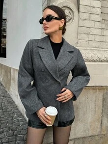 Lavishia Women's Casual Notched Collar Double-Breasted Overcoat, In Autumn/Winter,Fall - Grey - View 2