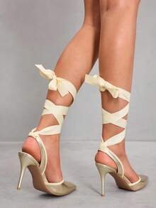 CUCCOO SZL Women's Fashion Pointed Toe Black Satin Ribbed Ribbon Tie Up Ankle Strap Suitable For Evening Party, Wedding, Stiletto High Heel Shoes - Gold - View 8