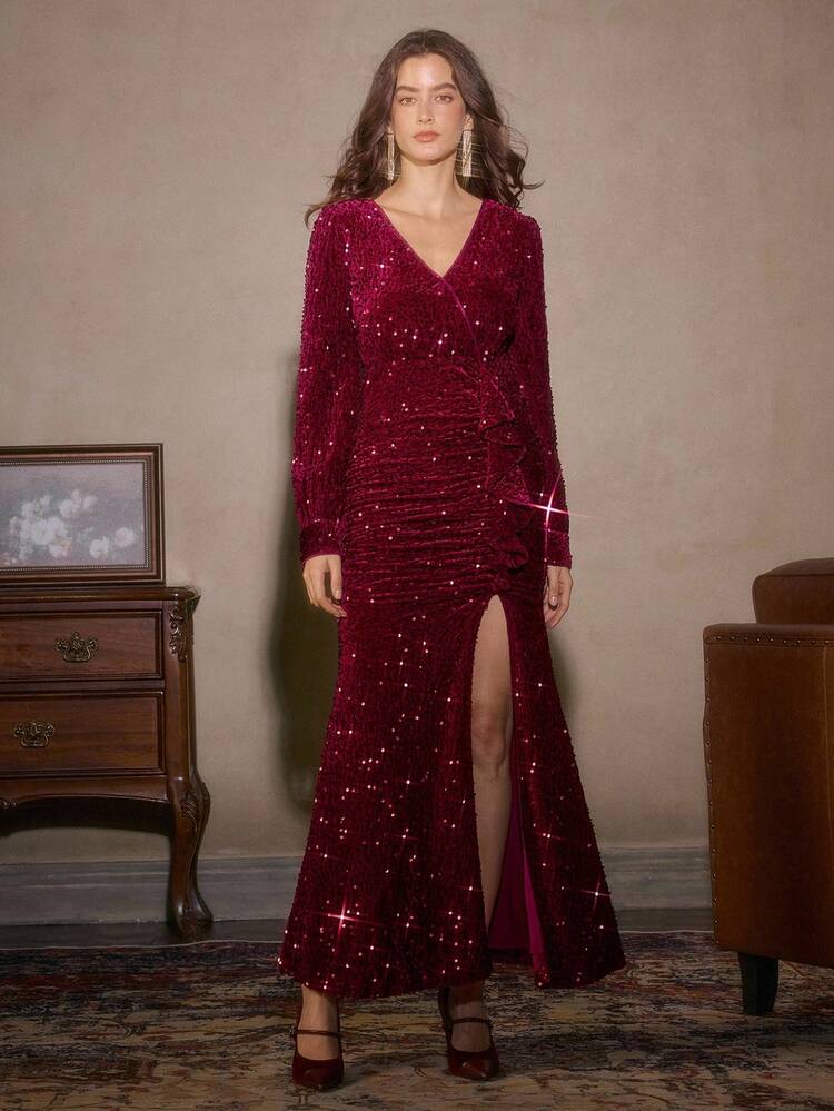 Autumn/Winter Burgundy Velvet Sequin Mermaid Pleated V-Neck Split Waist Dress, Elegant, Chic, Stylish Evening Gown For Women