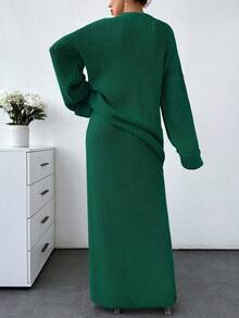 SHEIN Bộ áo len và chân váy len dáng rộng màu trơn dành cho nữ - Màu xanh lá cây đậm - Xem 3