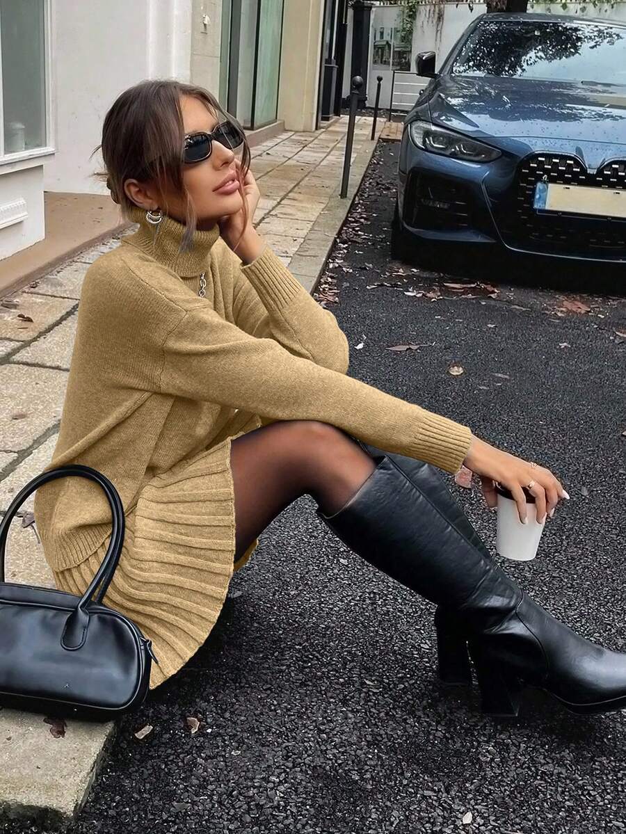 EMERY ROSE Bộ 2 món áo trễ vai cổ cao màu trơn đơn giản dành cho nữ, mùa thu - Màu Khaki - Xem 1