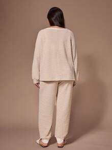 Lazeform Plus Size Women Jacquard Striped Casual Half-Zip Long Sleeve Top And Pants Loungewear Set, Cozy Outfit, Fall Winter Clothes