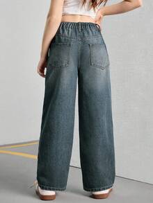 بنطلون جينز فضفاض عتيق بساق واسعة للفتيات المراهقات StreetCool، بنطلون جينز مستقيم الساق عادي - ازرق مخضر - مشاهدة 2